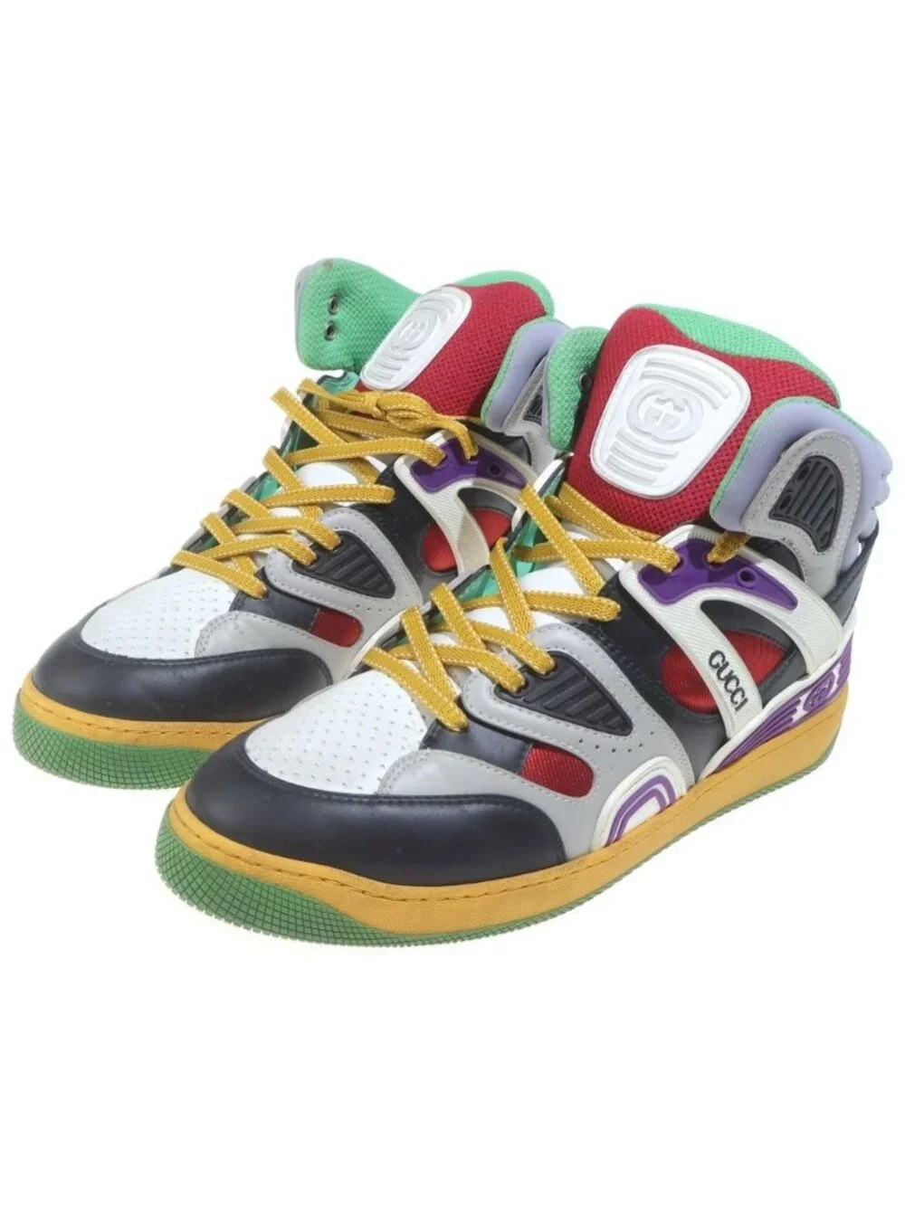 Gucci Basket Interlocking High Cut Sneakers Gray Yellow